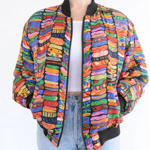 Vintage  K Arnold 100% Silk Rainbow Pattern Bomber Jacket M
